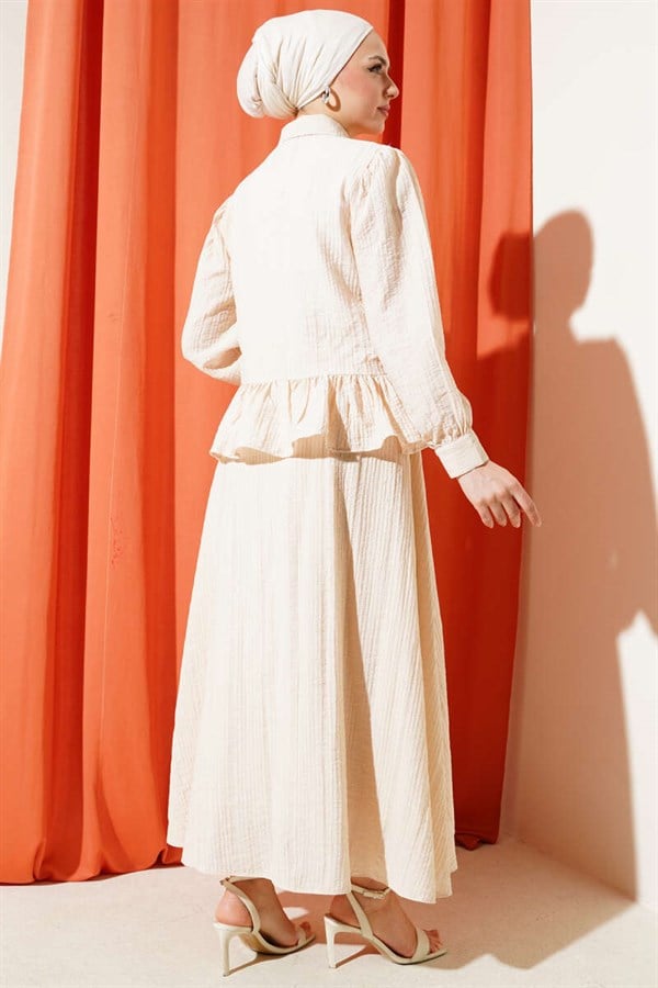 Buttoned Ruffled Skirt 2 Piece Set, Beige