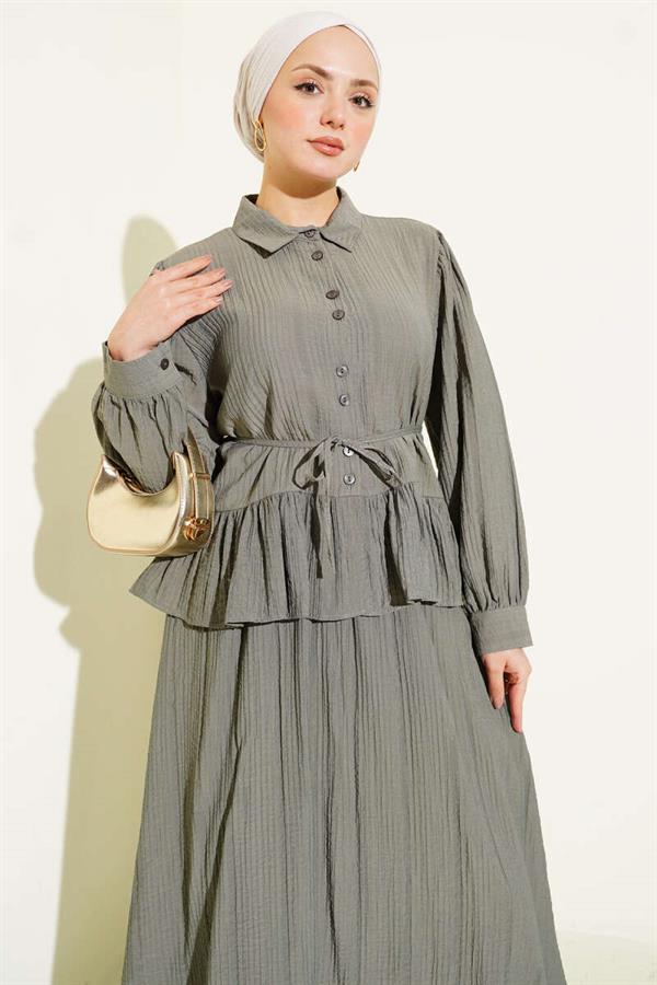 Buttoned Ruffled Skirt Vest 2 Piece Set, Khaki