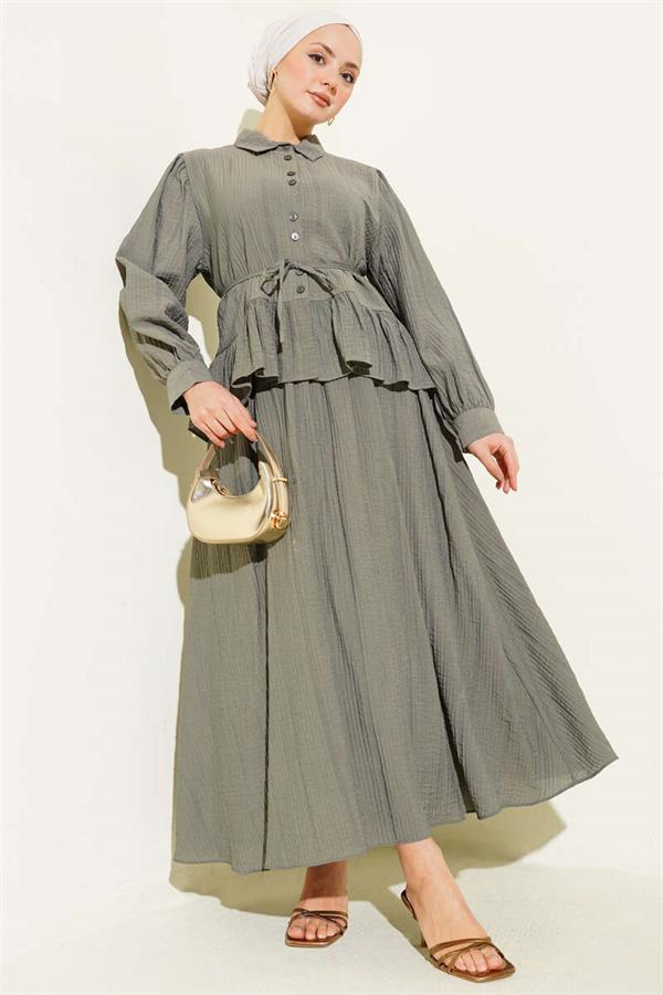 Buttoned Ruffled Skirt Vest 2 Piece Set, Khaki