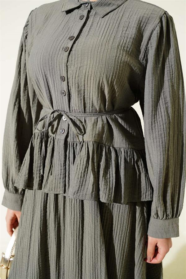 Buttoned Ruffled Skirt Vest 2 Piece Set, Khaki