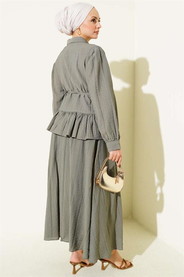 Buttoned Ruffled Skirt Vest 2 Piece Set, Khaki