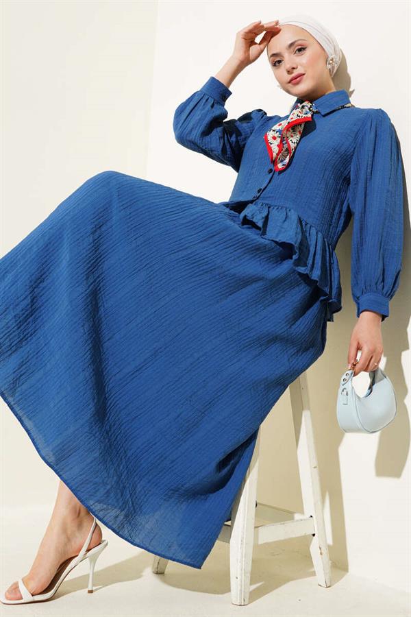 Buttoned Ruffle Skirted 2 Piece Set Indigo