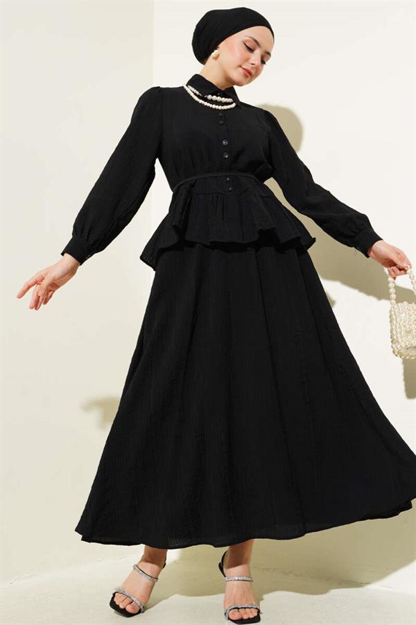 Buttoned Ruffle Skirt 2 Piece Set Black