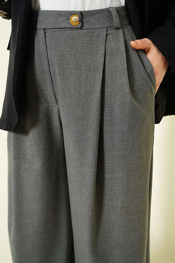 Buttoned Wide Leg Fabric Trousers, Smoke Grey