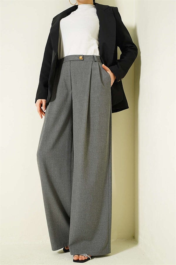 Buttoned Wide Leg Fabric Trousers, Smoke Grey