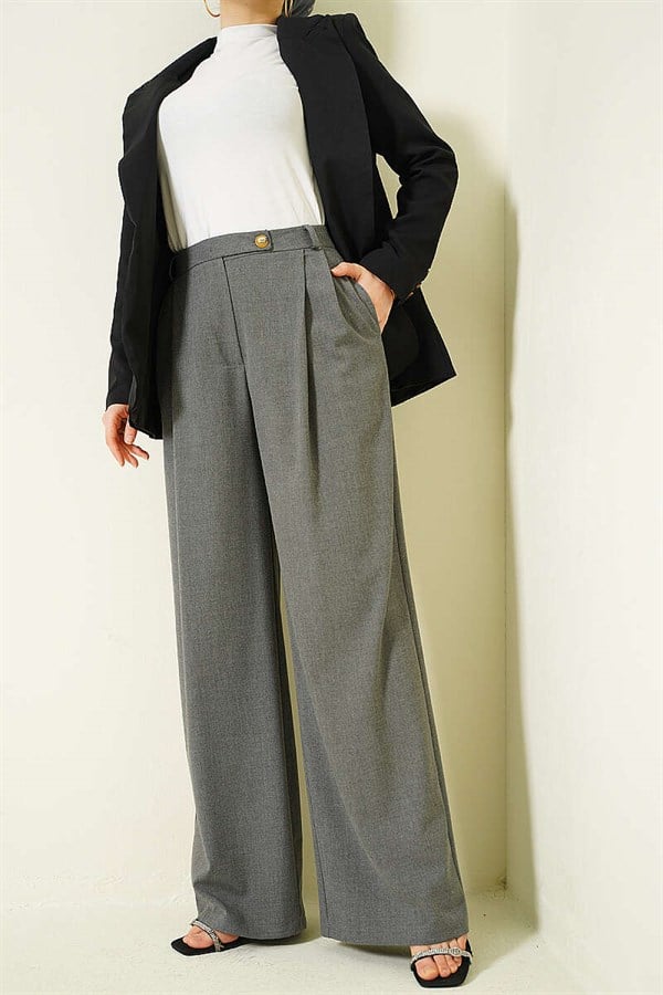 Buttoned Wide Leg Fabric Trousers, Smoke Grey