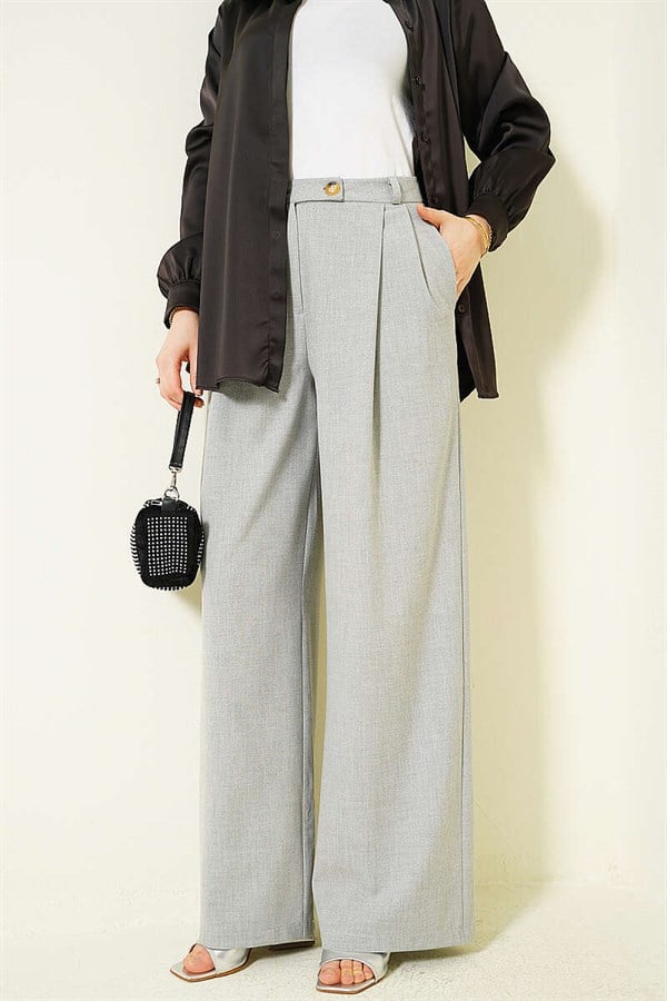 Buttoned Wide Leg Fabric Trousers Grey