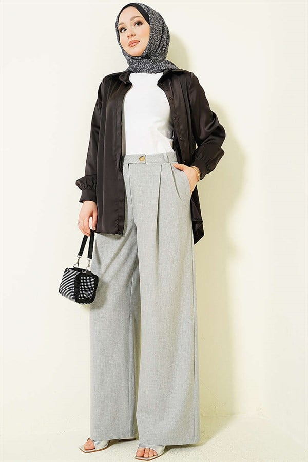 Buttoned Wide Leg Fabric Trousers Grey