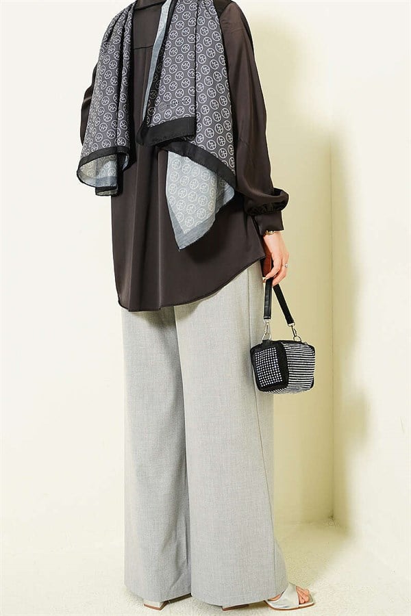 Buttoned Wide Leg Fabric Trousers Grey