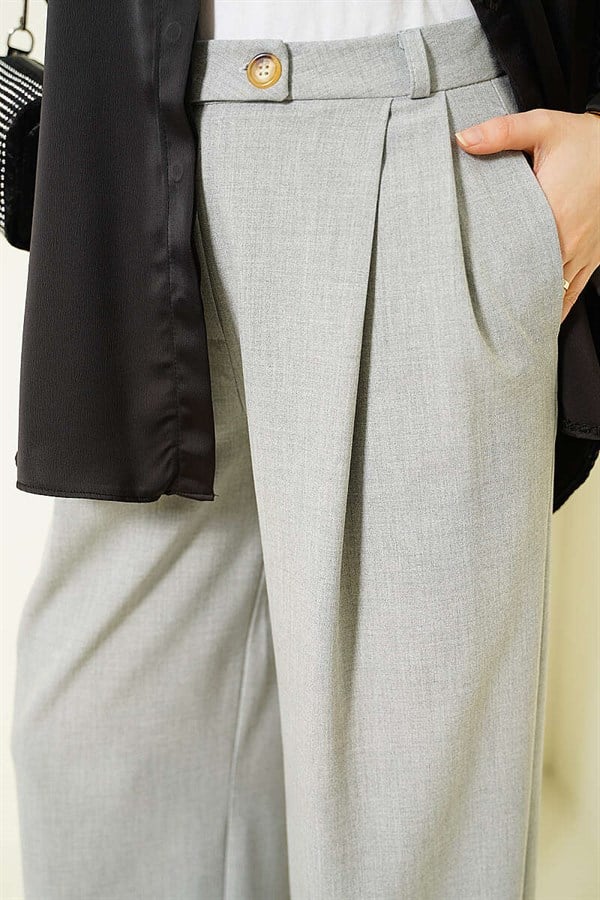 Buttoned Wide Leg Fabric Trousers Grey