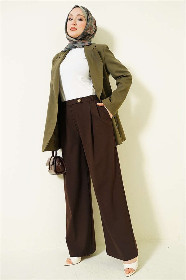 Buttoned Wide Leg Fabric Trousers, Brown