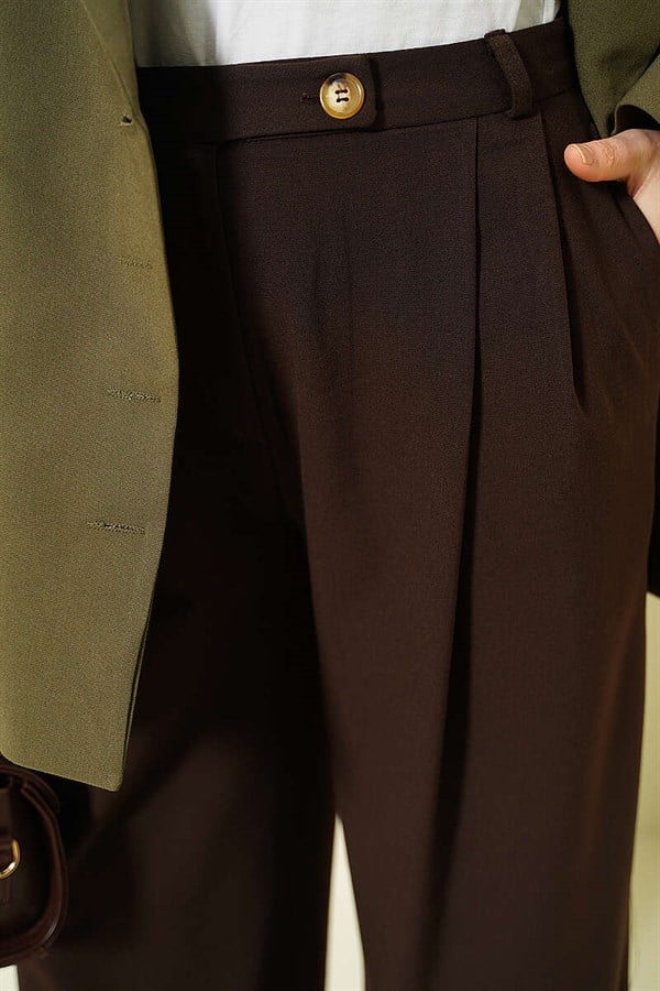Buttoned Wide Leg Fabric Trousers, Brown