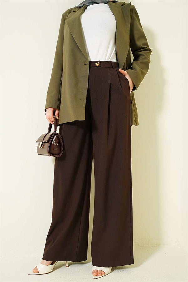 Buttoned Wide Leg Fabric Trousers, Brown