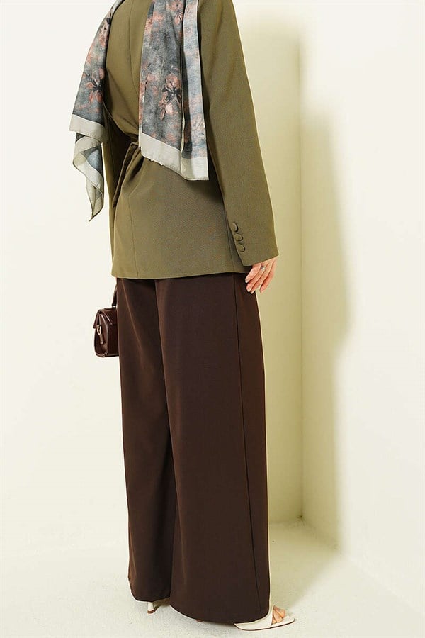 Buttoned Wide Leg Fabric Trousers, Brown
