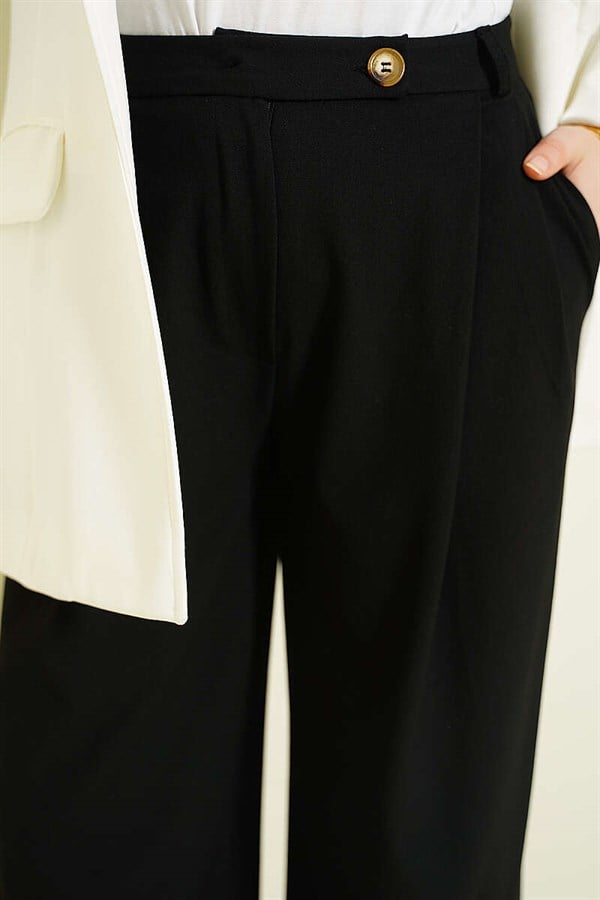 Buttoned Wide Leg Fabric Trousers Black