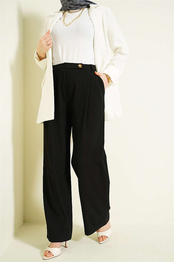 Buttoned Wide Leg Fabric Trousers Black