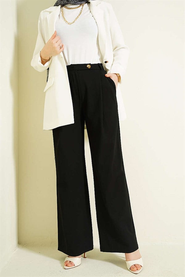 Buttoned Wide Leg Fabric Trousers Black
