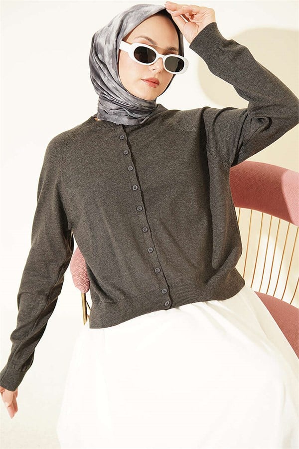 Buttoned Thin Knit Cardigan, Dark Gray
