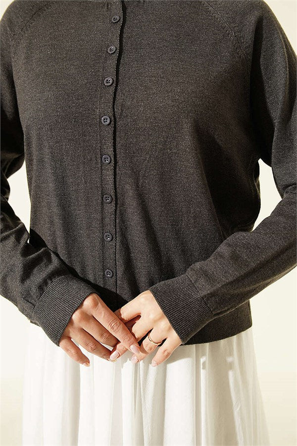 Buttoned Thin Knit Cardigan, Dark Gray