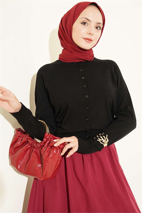 Buttoned Thin Knit Cardigan, Black