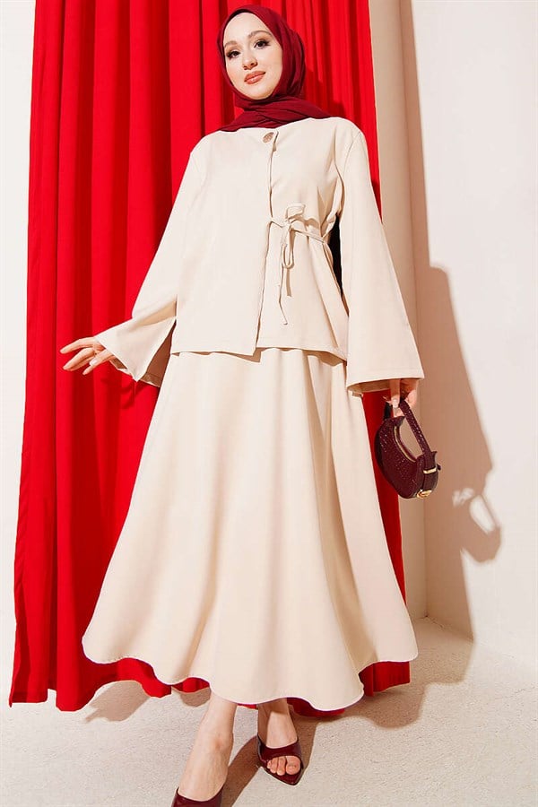 Buttoned, Tie-Up Double Skirt 2 Piece Set in Beige