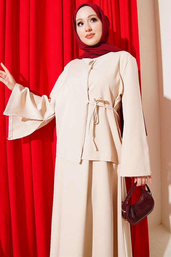 Buttoned, Tie-Up Double Skirt 2 Piece Set in Beige