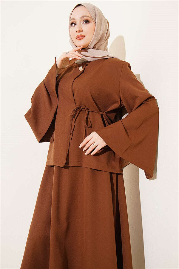 Buttoned, Tie-Up Double Skirt 2 Piece Set in Coffee Brown