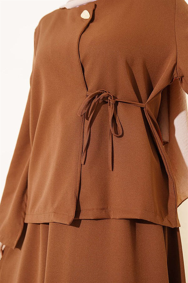 Buttoned, Tie-Up Double Skirt 2 Piece Set in Coffee Brown