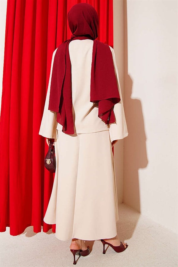 Buttoned, Tie-Up Double Skirt 2 Piece Set in Beige