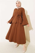 Buttoned, Tie-Up Double Skirt 2 Piece Set in Coffee Brown