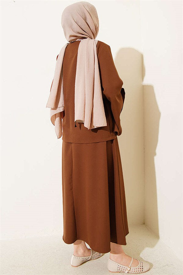 Buttoned, Tie-Up Double Skirt 2 Piece Set in Coffee Brown
