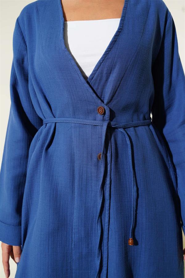 Muslin 2 Piece Set with Buttoned Rope Belt Indigo