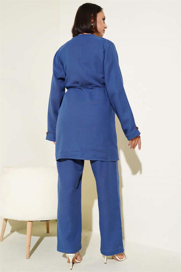 Muslin 2 Piece Set with Buttoned Rope Belt Indigo