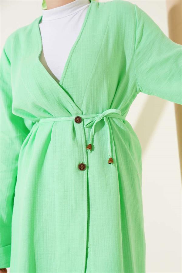 Muslin 2 Piece Set with Buttoned Rope Belt, Sea Green