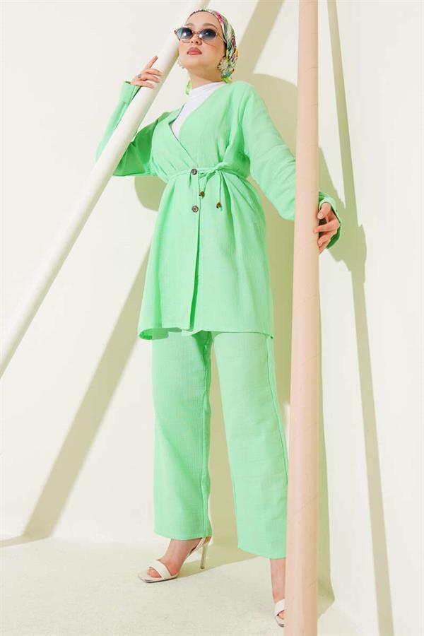 Muslin 2 Piece Set with Buttoned Rope Belt, Sea Green