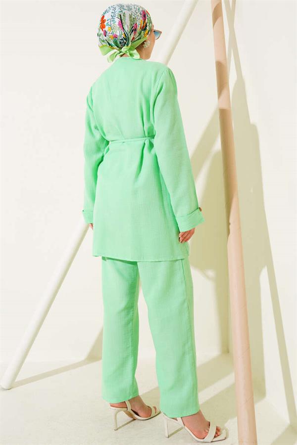 Muslin 2 Piece Set with Buttoned Rope Belt, Sea Green