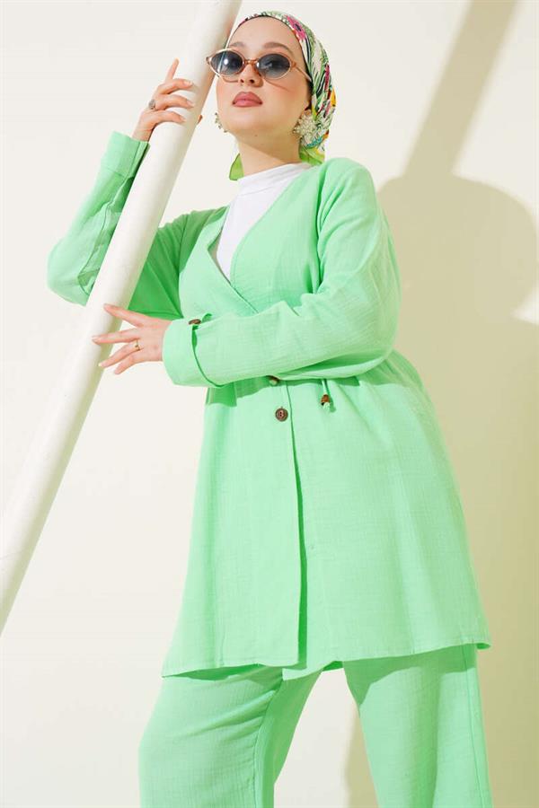 Muslin 2 Piece Set with Buttoned Rope Belt, Sea Green