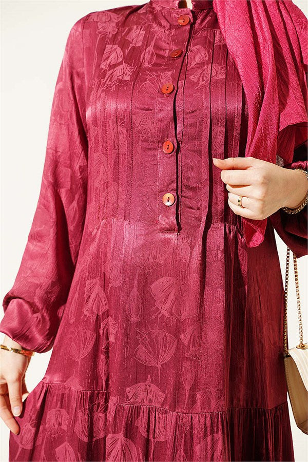 Buttoned Silk Satin Dress Burgundy