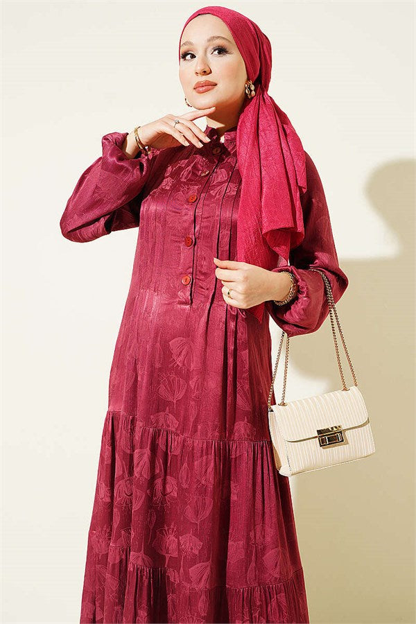 Buttoned Silk Satin Dress Burgundy