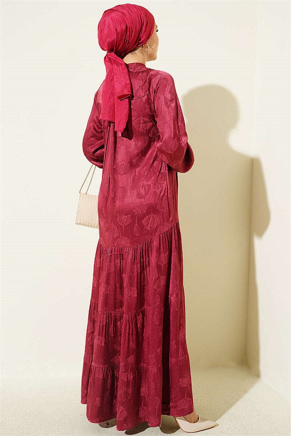 Buttoned Silk Satin Dress Burgundy