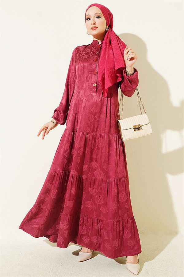 Buttoned Silk Satin Dress Burgundy
