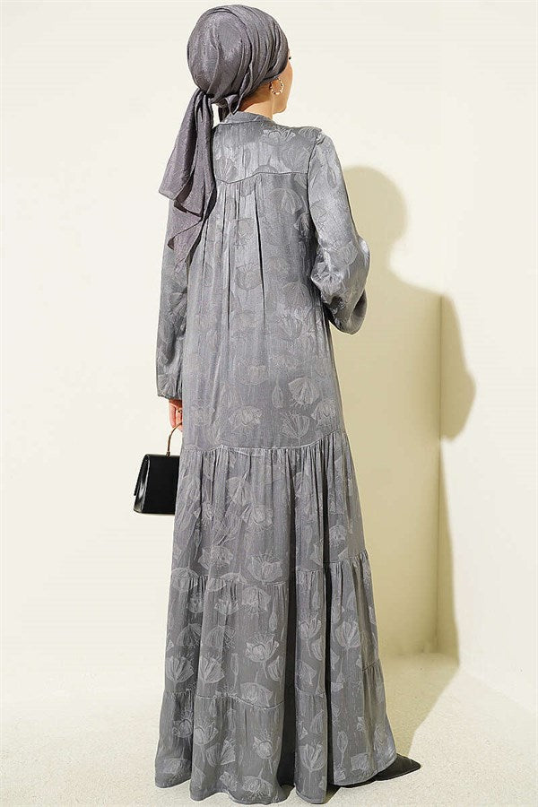 Buttoned Silk Satin Dress Grey