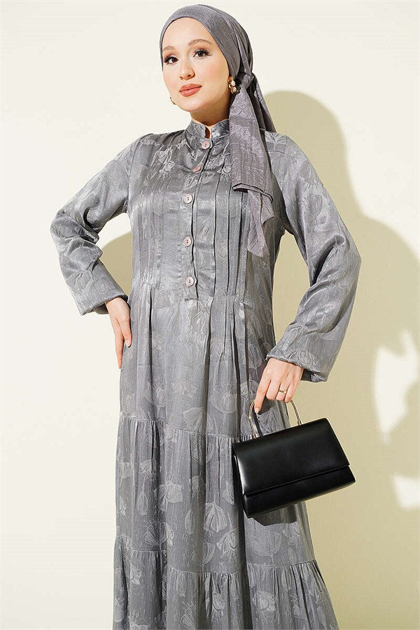 Buttoned Silk Satin Dress Grey