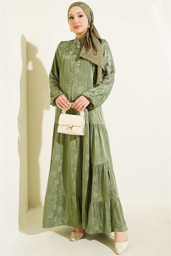 Buttoned Silk Satin Dress Khaki