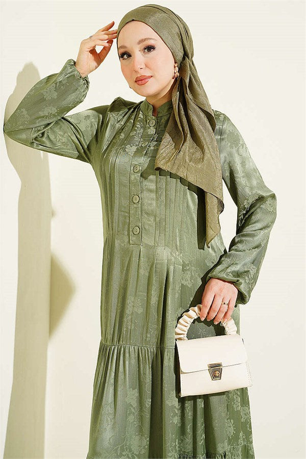 Buttoned Silk Satin Dress Khaki