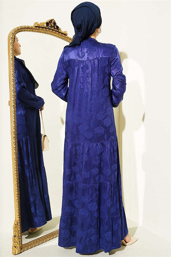 Buttoned Silk Satin Dress Navy Blue