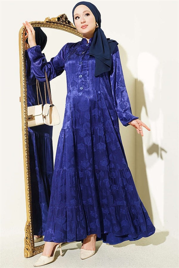 Buttoned Silk Satin Dress Navy Blue
