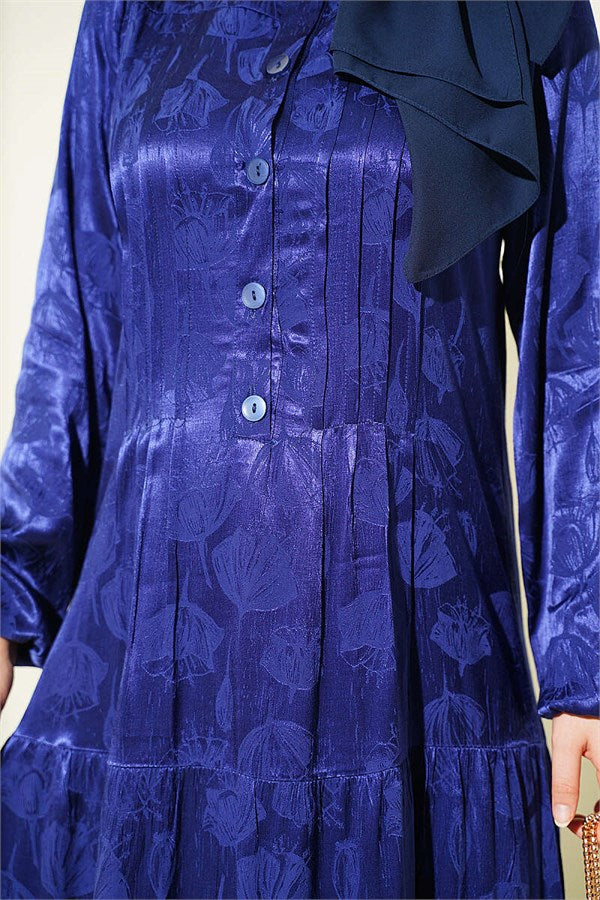 Buttoned Silk Satin Dress Navy Blue