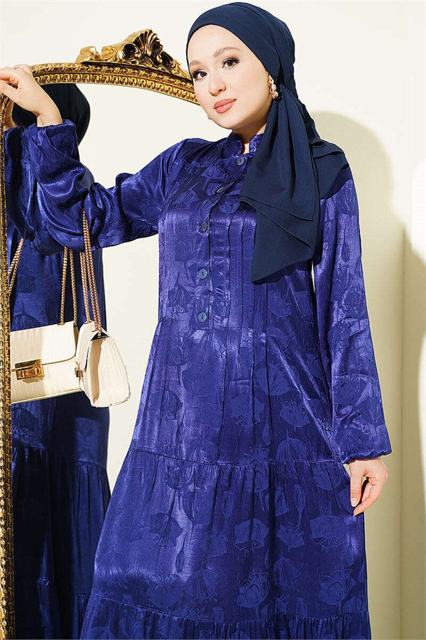 Buttoned Silk Satin Dress Navy Blue
