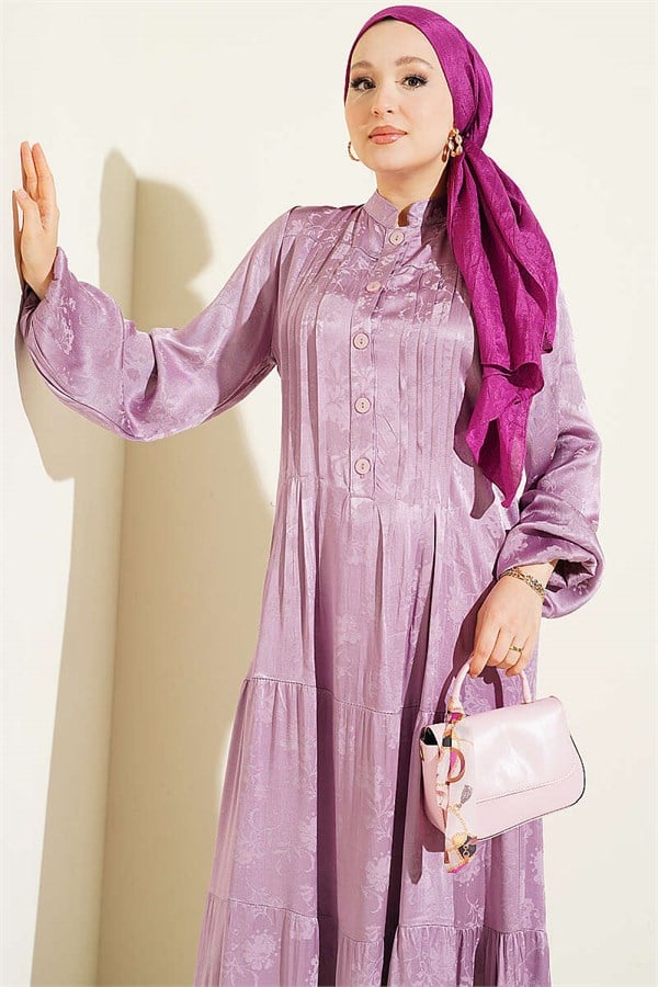 Buttoned Silk Satin Dress Lilac